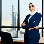 **Subject:** A successful Arab businesswoman in a modern office. **Clothing:** She is wearing a stylish, fully clothed, and modest business suit with a hijab. **Environment:** The office is bright and airy, with a panoramic view of Dubai. **Quality Modifiers & Safety:** Professional photography, perfect anatomy, natural proportions, safe for work, appropriate content, fully clothed, professional.
