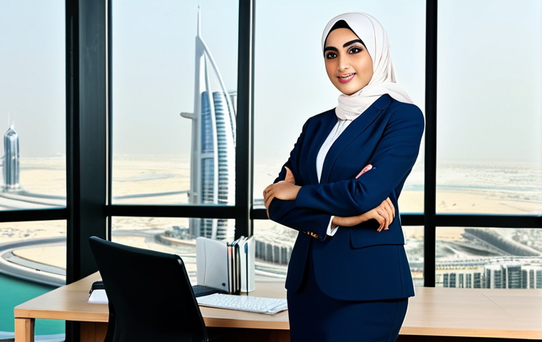 **Subject:** A successful Arab businesswoman in a modern office. **Clothing:** She is wearing a stylish, fully clothed, and modest business suit with a hijab. **Environment:** The office is bright and airy, with a panoramic view of Dubai. **Quality Modifiers & Safety:** Professional photography, perfect anatomy, natural proportions, safe for work, appropriate content, fully clothed, professional.