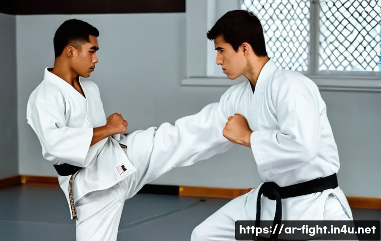 격투기 개인 레슨 비용 - A focused, determined young man in his early twenties, dressed in a clean, white martial arts gi, is...