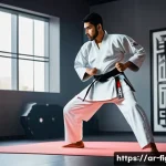 Home 21 격투기 훈련 필수 앱 - A young Arab martial artist wearing traditional taekwondo dobok with a white belt, practicing precis...