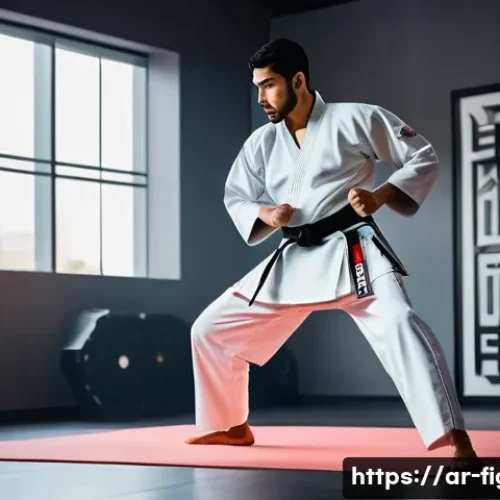 Home 33 격투기 훈련 필수 앱 - A young Arab martial artist wearing traditional taekwondo dobok with a white belt, practicing precis...
