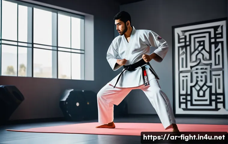 격투기 훈련 필수 앱 - A young Arab martial artist wearing traditional taekwondo dobok with a white belt, practicing precis...