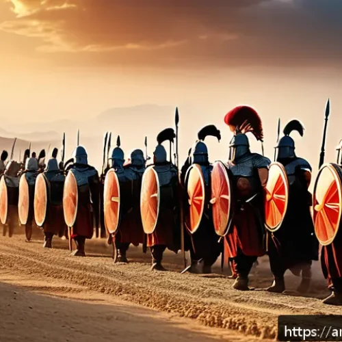 Home 31 격투기 전설적 경기 분석 - A detailed scene of an ancient Greek phalanx formation on a dusty battlefield at dawn, showing disci...