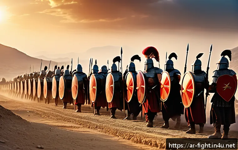 격투기 전설적 경기 분석 - A detailed scene of an ancient Greek phalanx formation on a dusty battlefield at dawn, showing disci...