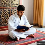 Home 18 격투기 관련 도서 추천 - A detailed scene of an Arab martial arts beginner studying a colorful illustrated karate book, sitti...