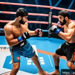 Home 23 격투기 역사적 사건 정리 - A dynamic and detailed scene of a mixed martial arts (MMA) fight inside a modern octagonal cage aren...