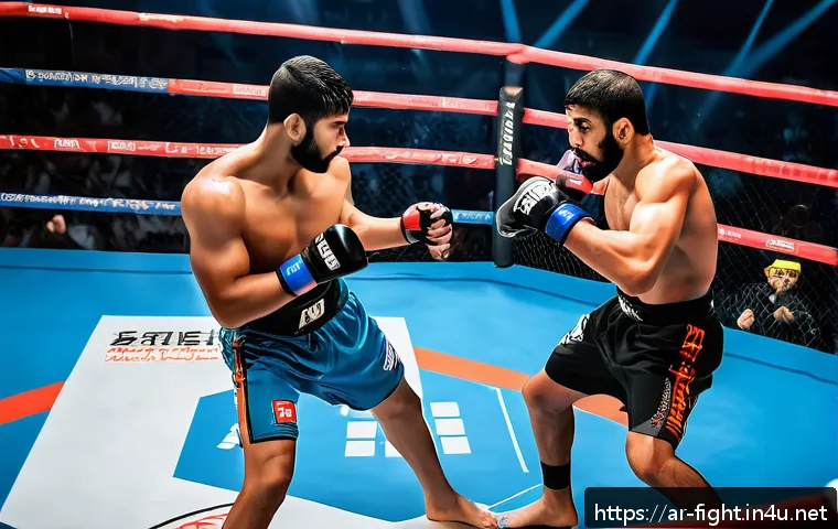 격투기 역사적 사건 정리 - A dynamic and detailed scene of a mixed martial arts (MMA) fight inside a modern octagonal cage aren...