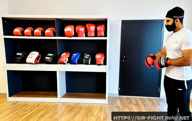 격투기 장비 대여 서비스 - Photorealistic modern combat sports equipment rental counter in a clean Middle Eastern fitness club,...