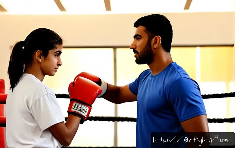 Home 17 격투기 코칭 프로그램 - Photorealistic martial arts coaching session in a modern Middle Eastern training gym, experienced Ar...