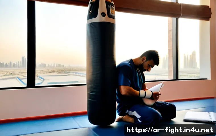 Home 17 격투기 훈련 로그 기록법 - Photorealistic martial arts training log scene in a modern gym in Dubai, focused adult Arab male fig...